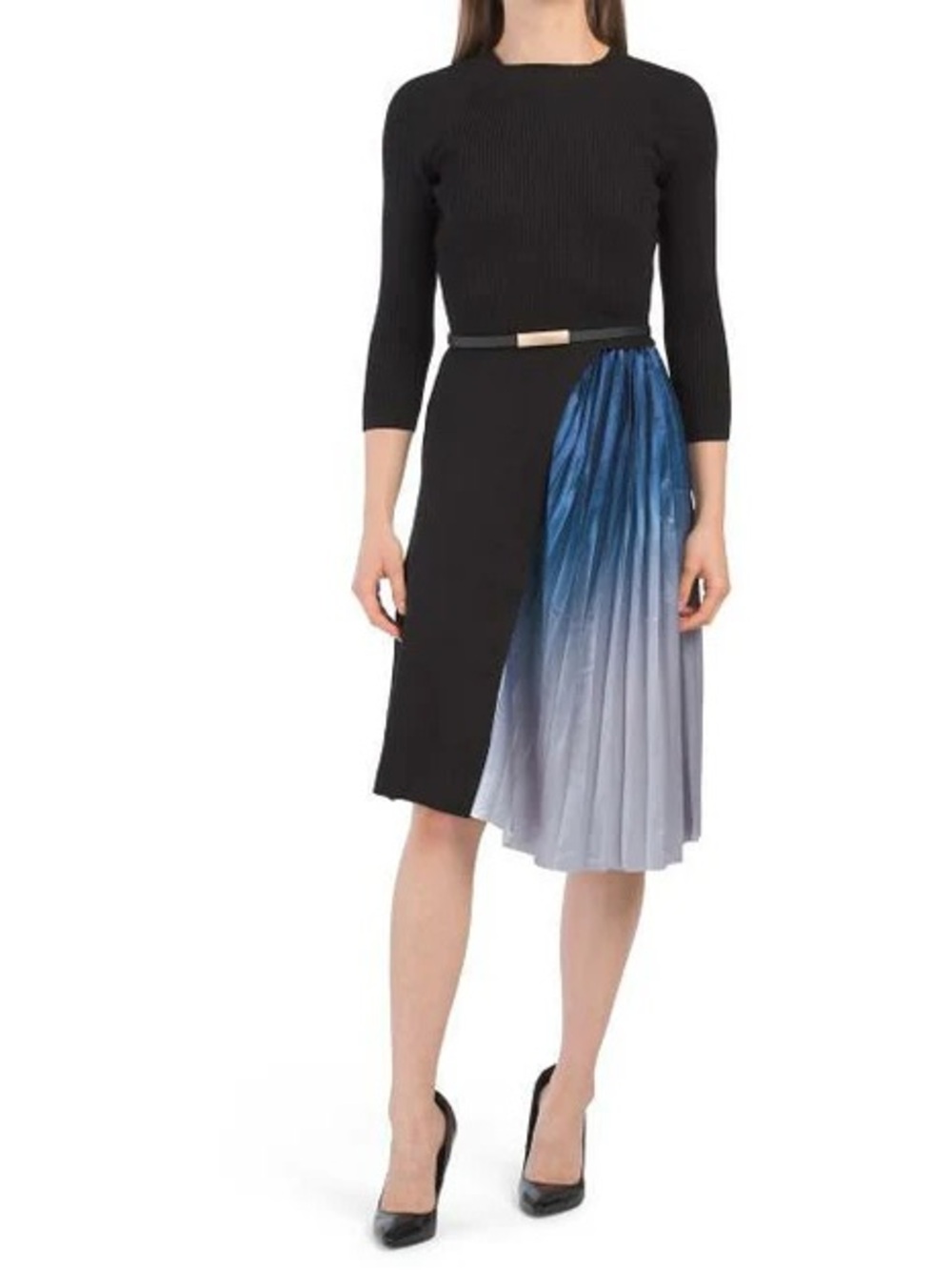 Dalia MacPhee Mock Neck Ribbed Knit Dress with a Pleated Ombre Skirt Size Small
